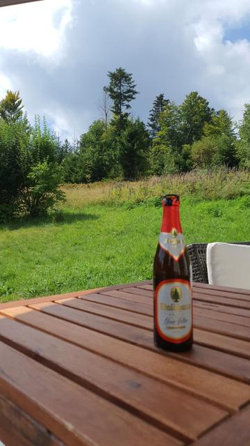 Im Vordergrund eine Tischplatte aus Holzlatten. Darauf steht eine 0.33L Flasche Bier der Firma Waldhaus. Im Hintergrund ist eine Wiese, Bäume  und der Himmel zu sehen.