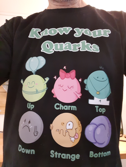 Bild einer Person mit einem schwarzen T-Shirt. Auf dem Shirt steht der Text "Know your Quarks". Darunter sind die 6 Typen von Quarks als kleine rundliche Comicfiguren abgebildet. Sie heißen Up, Down, Strange, Charm, Top und Bottom