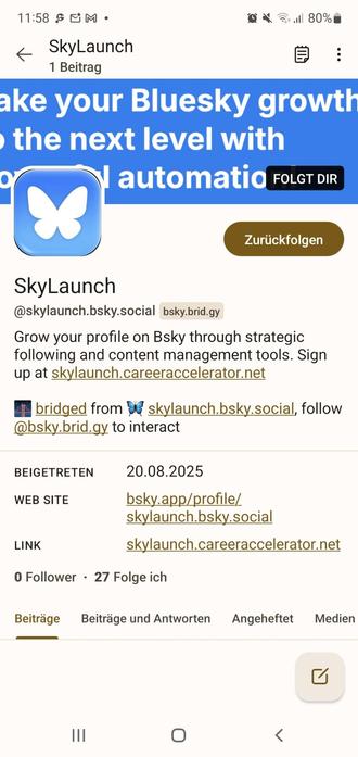 Screenshot eines Bluesky Profils mit dem Handle @skylaunch.bsky.social
Es bewirbt BlueSky Algorithmen zum Account Optimization