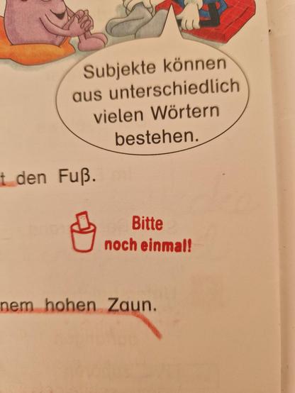 Arbeitsblatt mit einem roten Stempel. Zu sehen ist ein Mülleimer, in den ein Blatt hineinrutscht und der Text "Bitte noch einmal!"
