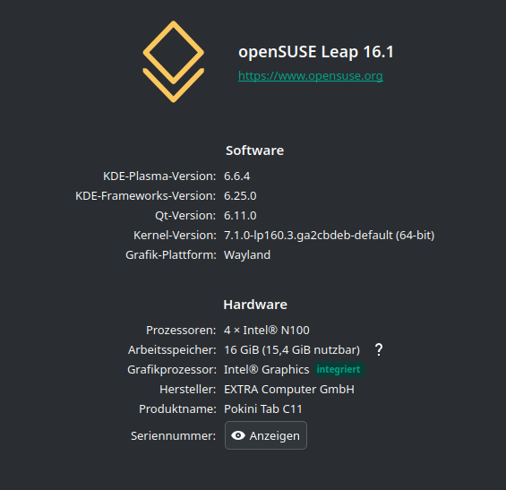 Screenshot der Systeminformation eines openSUSE Leap 16.1 Systems.