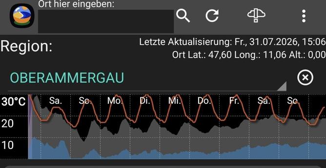 Screenshot einer 7-Tage Wettervorhersage für Oberammergau. Tagestemperatur immer knapp unter 30, Nachts deutlich unter 20. Dazu dann hin- und wieder Niederschlag