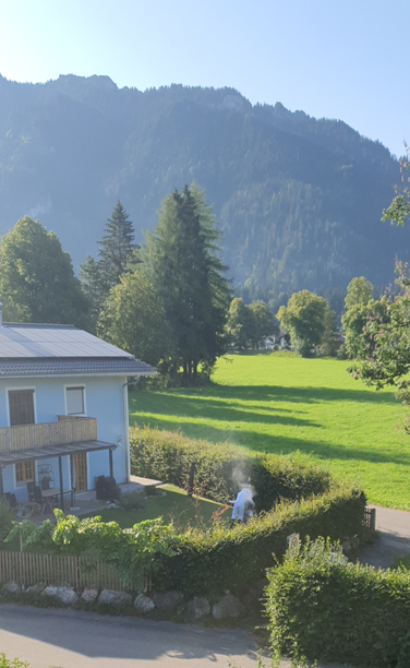 Foto von schräg oben auf einen Garten. Um den Garten herum ist eine Hecke, links steht ein Haus. Im Hintergrund ist eine Wiese und Berge. Im Garten steht ein Imkernin einem Schutzanzug und arbeitet an seinem Bienenvolk.