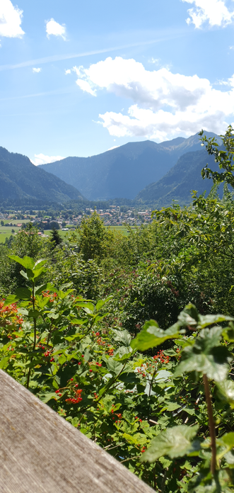 Foto von einer Terrasse ins Tal. Unten im Tal ist ein Dorf zu sehen.