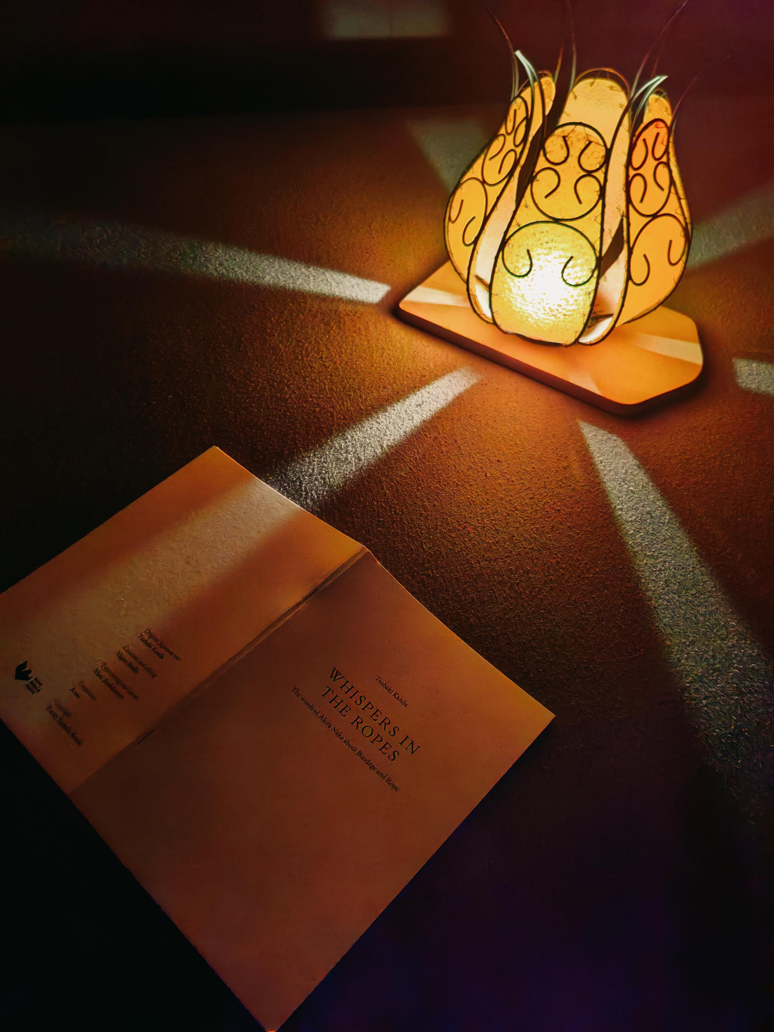 Teelichtlampe und Buch auf einer Matratze.