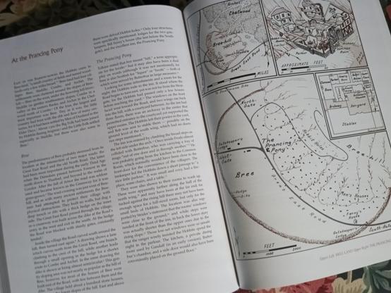 Foto einer Doppelseite aus dem Atlas. Links ist ein ganzseitiger Erklärtext zu den Karten und Ausschnitten auf der rechten Doppelseite. Im Beispiel die Lage des Tanzenden Pony und eine Zeichnung der Gebäudeaufteilung.